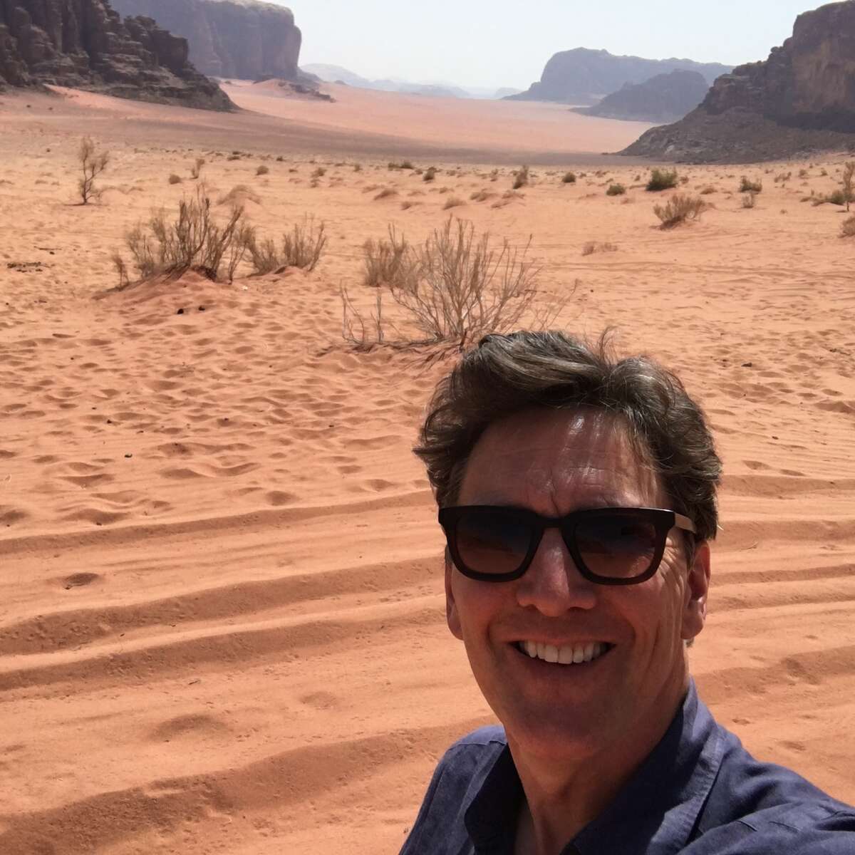 Actor-director-writer Andrew McCarthy stops for a selfie in Wadi Rum Protected Area, a desert wilderness in southern Jordan.