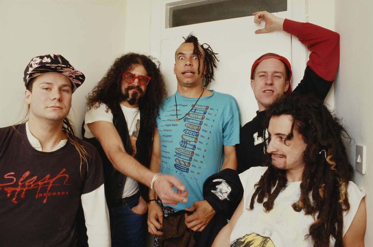 American rock band Faith No More, circa 1987. From left to right, Roddy Bottum, Jim Martin, Chuck Mosely, Billy Gould, and Mike Bordin. 