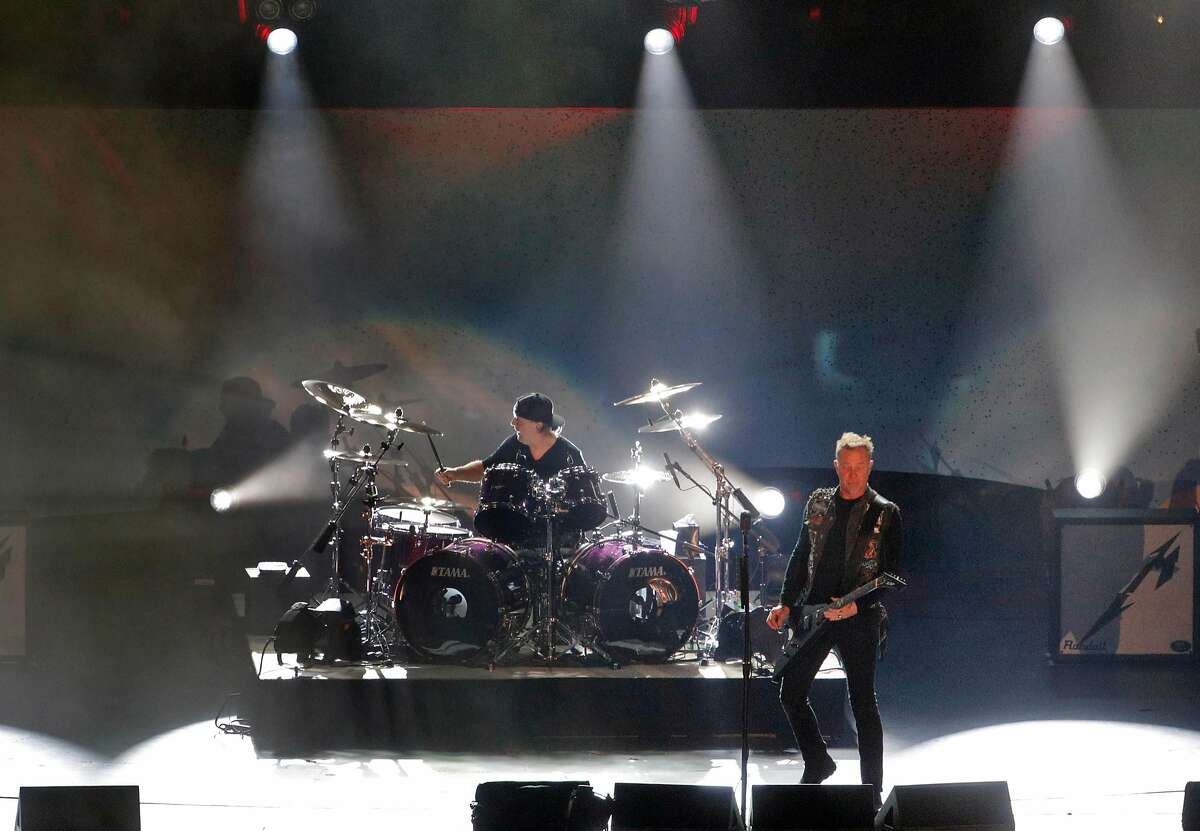 James Hetfield and Lars Ulrich on stage as Metallica performs during the Band Together Bay Area benefit concert at AT&T Park in San Francisco Calif., Thursday, November 9, 2017. The concert was a benefit for the Tipping Point Emergency Relief Fund for North Bay fire relief.