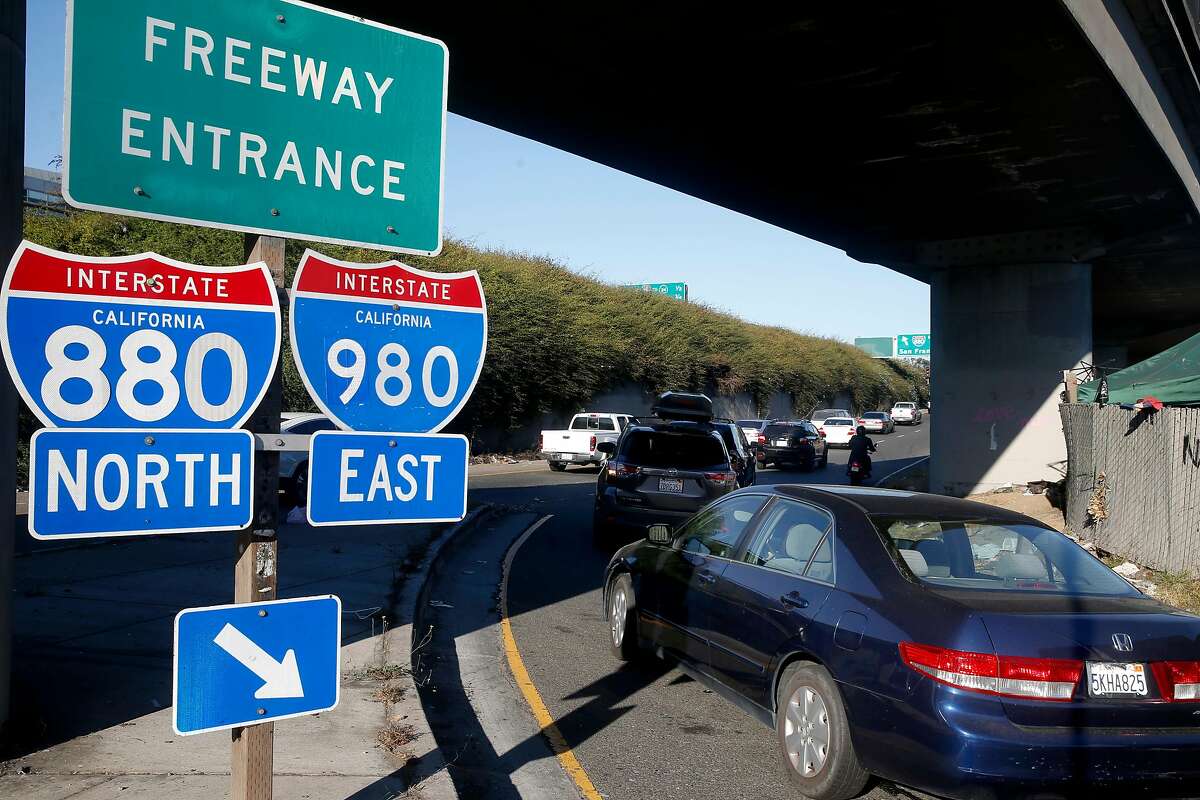 Commuters merge into a single lane to enter northbound Interstate 880 from Jackson Street near the site of the Oakland A's preferred location for a new stadium in Oakland, Calif. on Thursday, Sept. 28, 2017. Traffic patterns where the A's hope to build their home will be among the main issues that will be addressed before moving the project forward.