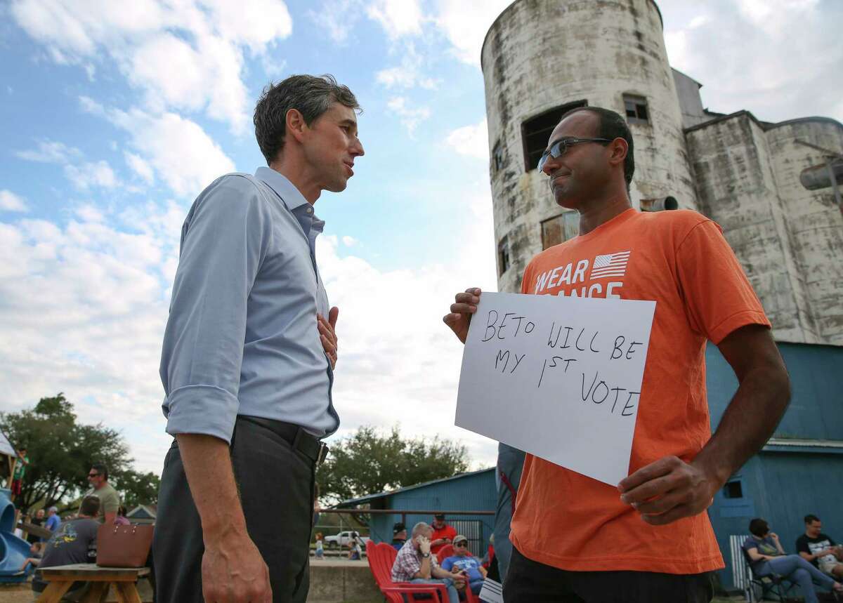 U.S. Congressman Beto O'Rourke, who is challenging U.S. Sen. Ted Cruz's seat in the next election, talks to Arvind Sriraman at a rally at No Label Brewery Saturday, Nov. 11, 2017, in Katy. Sriraman, a member of Moms Demand Action for Gun Sense in America, is from India and could become a U.S. citizen in July, 2018. Sriraman said he is determined to vote for O'Rourke because he lost his wife in a gun violence five years ago and O'Rourke supports gun sense. ( Yi-Chin Lee / Houston Chronicle )