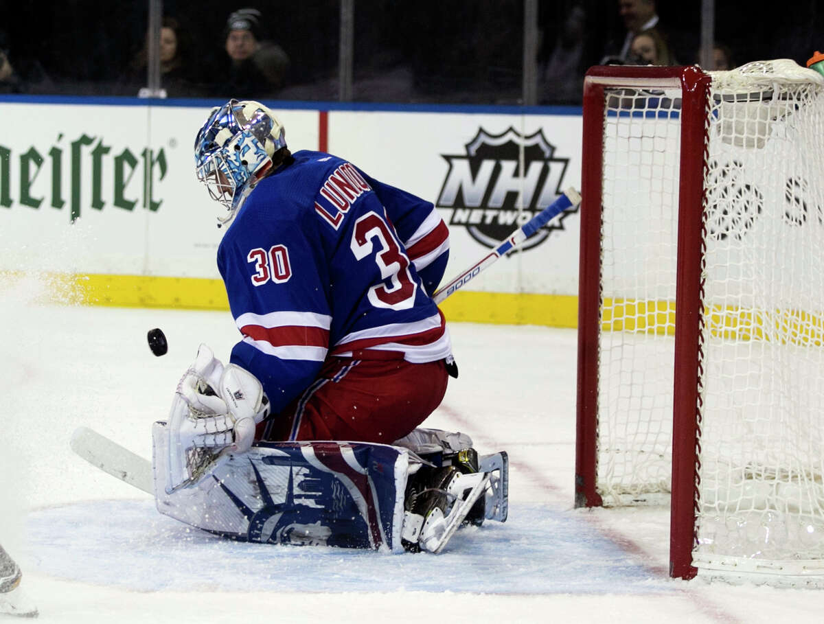 New York Rangers goalie Henrik Lundqvist makes a save against the Edmonton Oilers during the NHL game, Saturday, Nov. 11, 2017, in New York. (AP Photo/Kevin Hagen) ORG XMIT: NYKH124