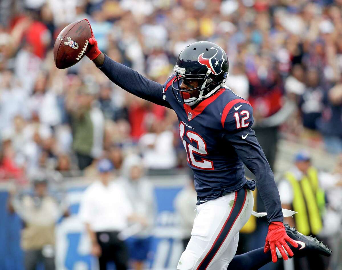 Houston Texans wide receiver Bruce Ellington celebrates his touchdown during the first half of an NFL football game against the Los Angeles Rams, Sunday, Nov. 12, 2017, in Los Angeles. (AP Photo/Alex Gallardo)