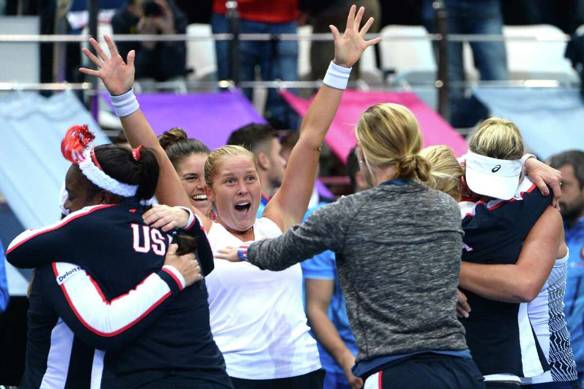 Shelby Rogers, center, and her U.S. teammates have a lot to celebrate after the Americans won the Fed Cup final over Belarus and ended a 17-year title drought.
