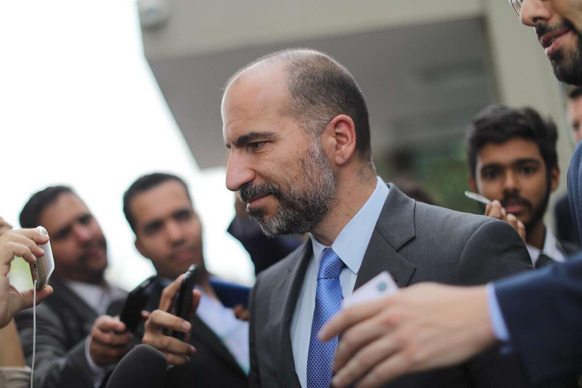 Dara Khosrowshahi, chief executive officer of Uber Technologies Inc., speaks with members of the media following a meeting with Henrique Meirelles, Brazil's minister of finance, not pictured, in Brasilia, Brazil, on Tuesday, Oct. 31, 2017. Uber could face a major legislative clampdown in Brazil, potentially rendering its current business model unworkable in its second-largest market after the U.S. Photographer: Andre Coelho/Bloomberg