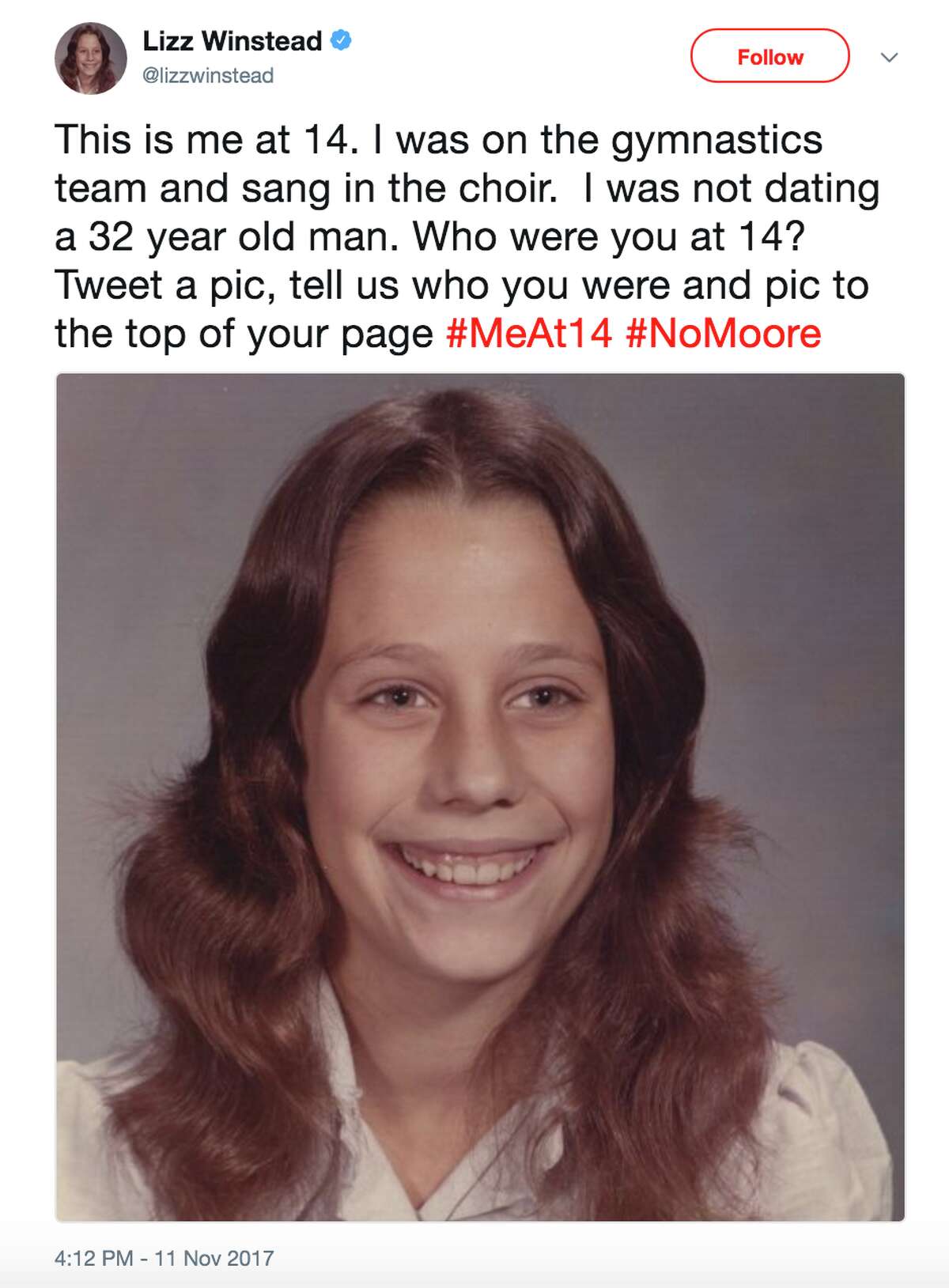 Twitter users post photos of themselves captioned #MeAt14 in response to allegations that Senate candidate Roy Moore dated a 14-year-old girl.