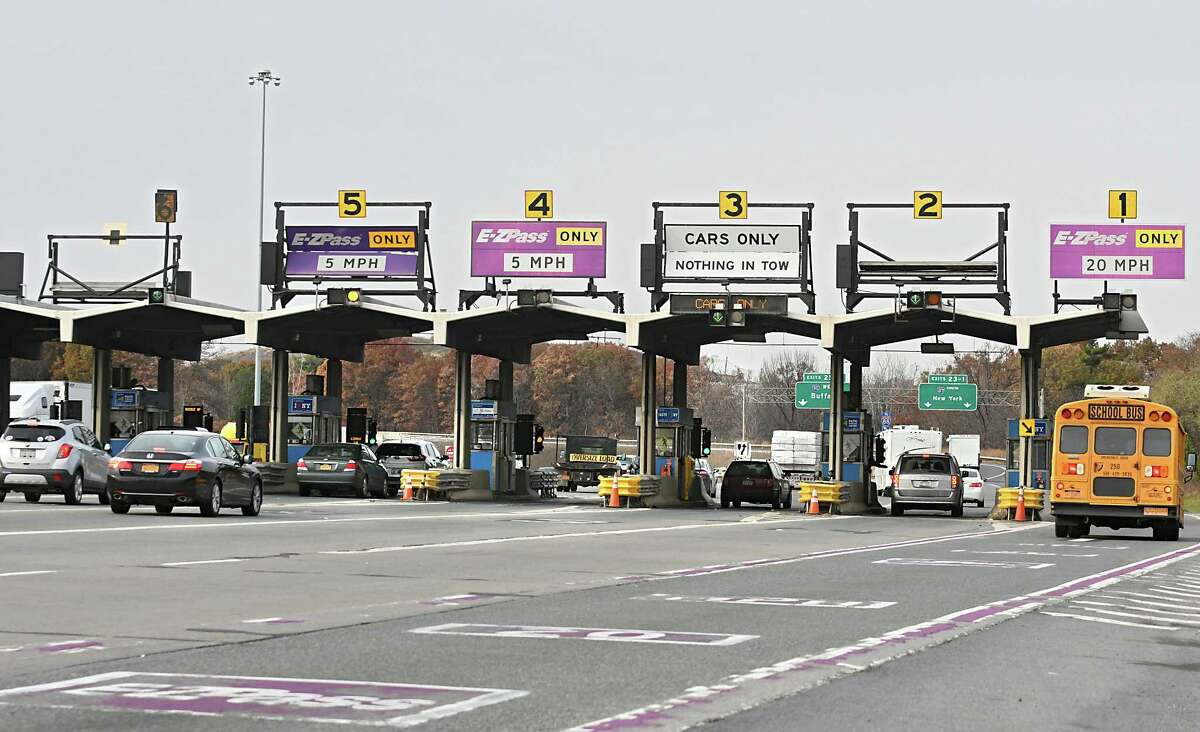 Cars and trucks pass through the Thruway exit 24 toll booths on Monday, Nov. 13, 2017 in Albany, N.Y. (Lori Van Buren / Times Union)