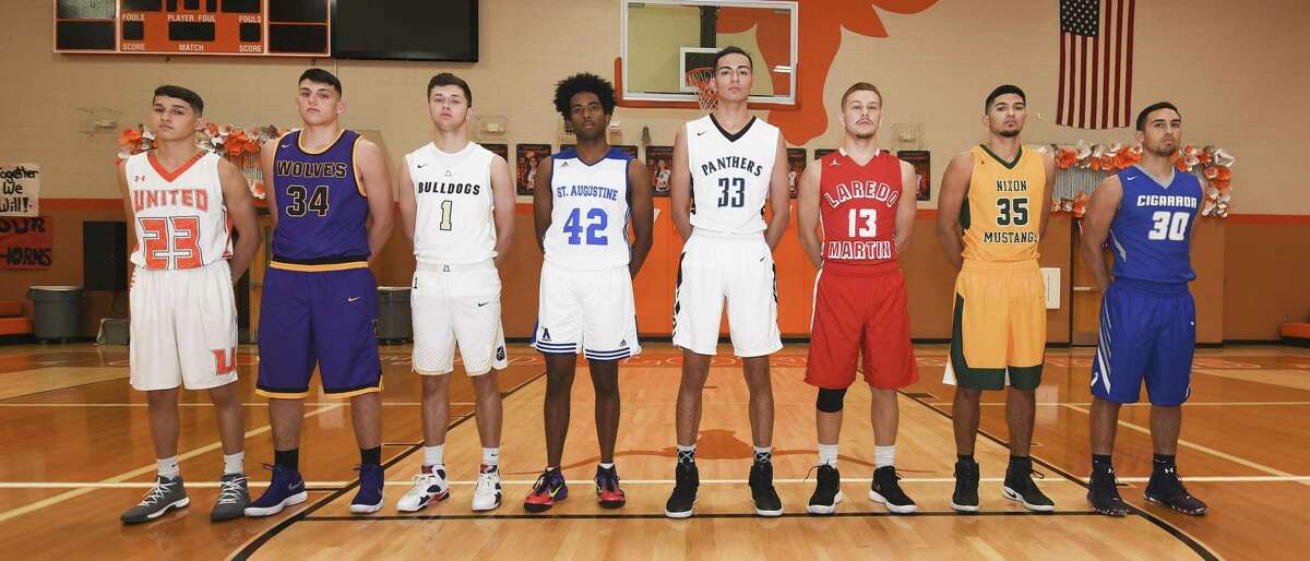 From left, United’s Andy Pompa, LBJ’s Bryan Garza, Alexander’s Marco Peña, St. Augustine’s D’Andre Griffin, United South’s Joel Johnson, Martin’s Luis Omar Ortegon, Nixon’s Rogelio Vasquez and Cigarroa’s Edgar Fraga are leading their teams into the 2017-18 season.