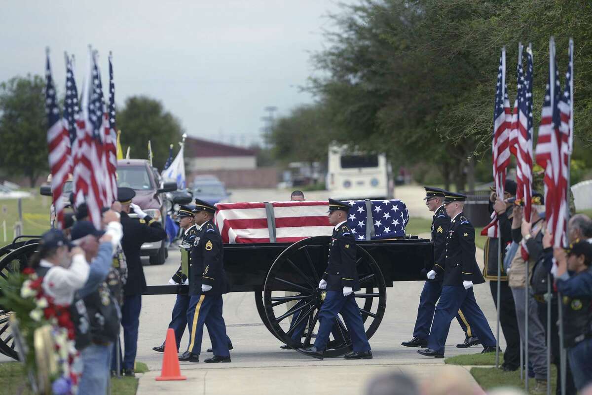 A caisson carries the casket of Gen. Richard Cavazos, the Army's first Hispanic four-star General, at Fort Sam Houston National Cemetery on Tuesday, Nov. 14, 2017. Cavazos died on October 29 following a long illness. The casket was handmade by Ronnie Campsey, a Long Island restauranteur who served under Cavazos in Vietnam. It bears engravings of the medals Cavazos earned as a soldier, including two Distinguished Service Crosses, a Silver Star with Oak Leaf Cluster, Distinguished Flying Cross, the Bronze Star Medal with ?’V?“ device with four Oak Leaf Clusters, Purple Heart and Combat Infantry Badge. He retired in 1984 as the commanding general of U.S. Army Forces Command at Fort McPherson, Georgia. Prior to that, Cavazos commanded at every level of the Army, from platoon to Corps. A graduate of Texas Tech University's ROTC program, he served at Fort Hood on numerous occasions. Platoons from Fort Hood, Army North, Army South and the Army Medical Command were on hand for the burial.