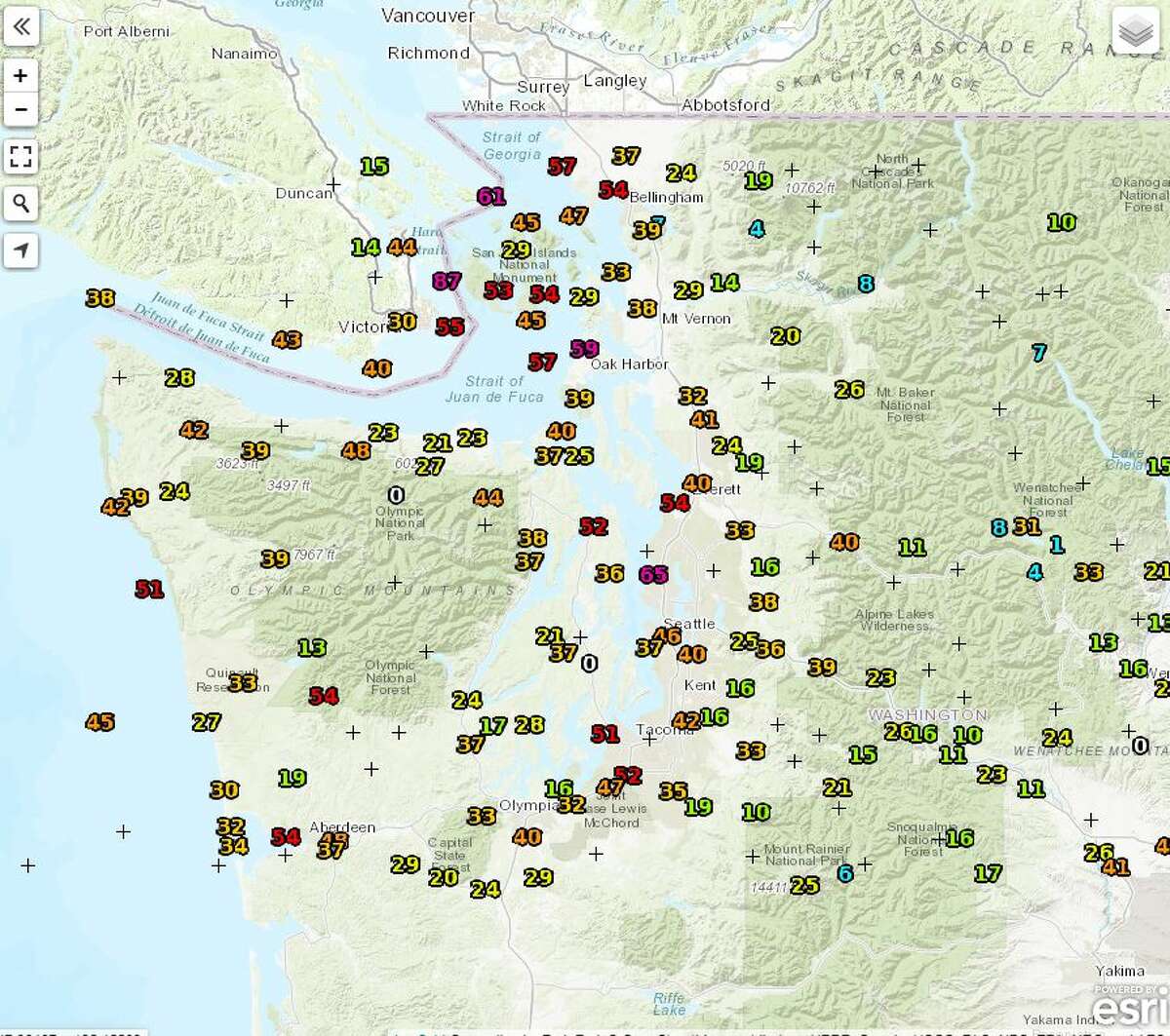 This image from the National Weather Service's observations site at about 1:30 p.m. shows maximum wind gusts over the last 24 hours around northwest Washington.