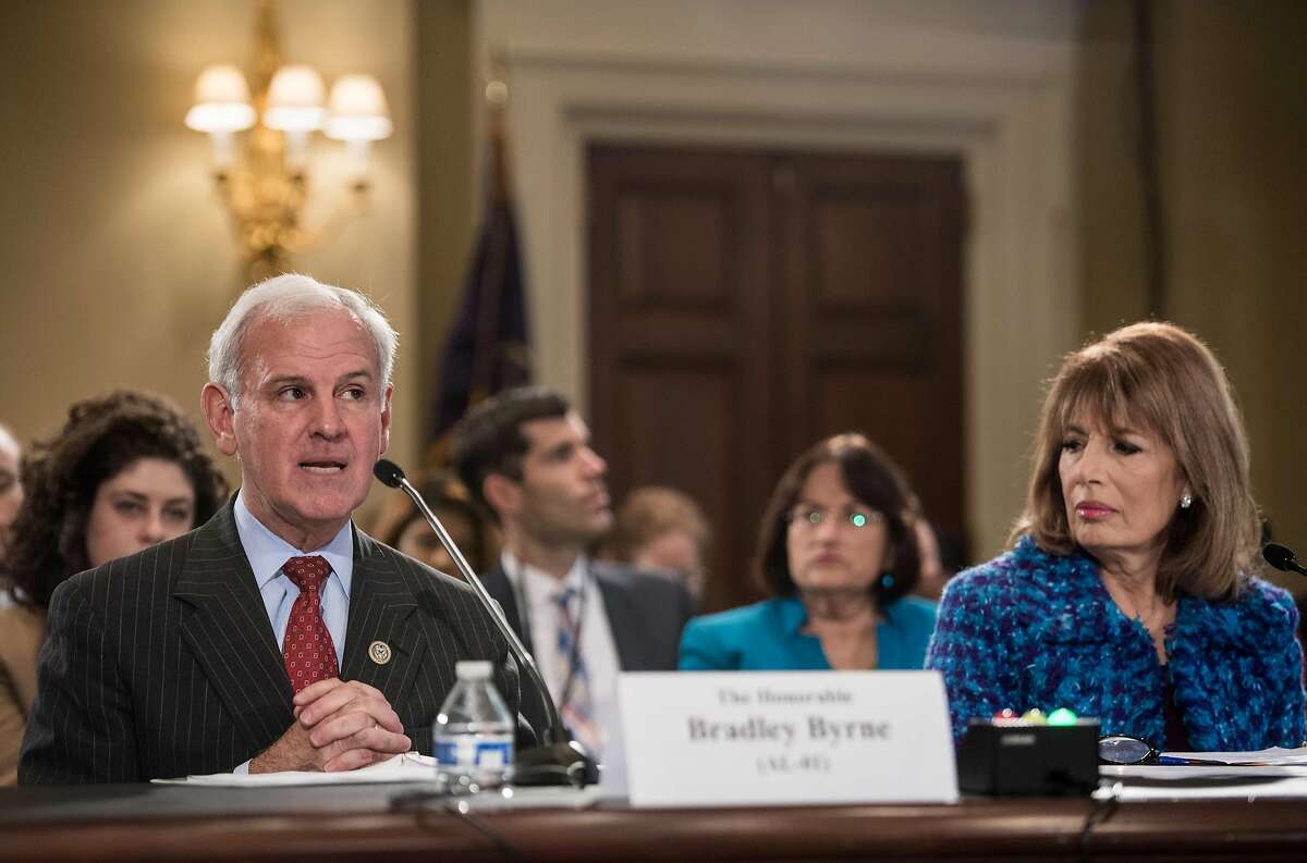 US Republican Representative from Alabama Bradley Byrne speaks during a House Administration Committee hearing on "Preventing Sexual Harassment in the Congressional Workplace" on Capitol Hill in Washington, DC, on November 14, 2017 as Democratic Representative from California Jackie Speier looks on. / AFP PHOTO / NICHOLAS KAMMNICHOLAS KAMM/AFP/Getty Images