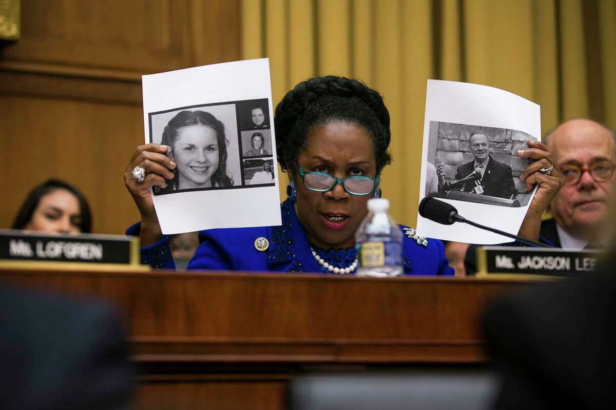 U.S. Rep. Sheila Jackson Lee, D-Texas, questions Attorney General Jeff Sessions about allegations against Senate candidate Roy Moore during a hearing before the House Judiciary Committee on Capitol Hill on Nov. 14, 2017. (Al Drago/The New York Times)