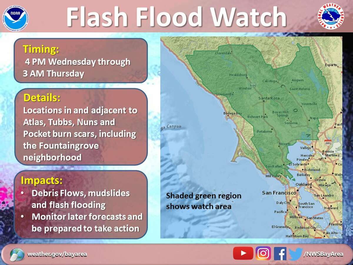 A flash-flood watch is set to begin at 4 p.m. Wednesday and last until at least 3 a.m. on Thursday, according to the National Weather Service. Especially dangerous conditions could develop in the fire-damaged North Bay.