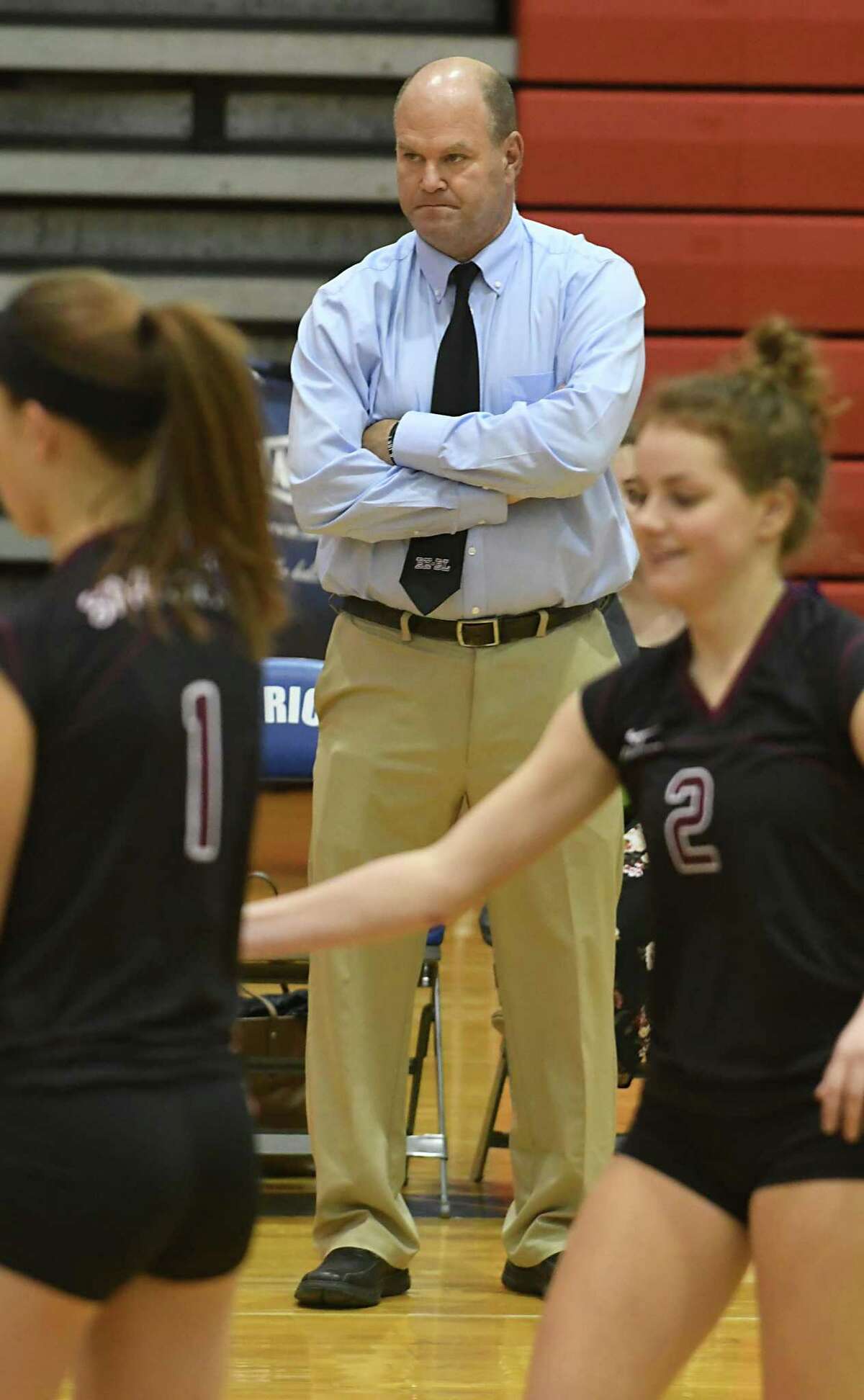 Burnt Hills coach Gary Bynon watches during the Class A regional girls' volleyball match against Massena at Broadalbin-Perth High School on Wednesday, Nov. 8, 2017 in Broadalbin, N.Y. (Lori Van Buren / Times Union)