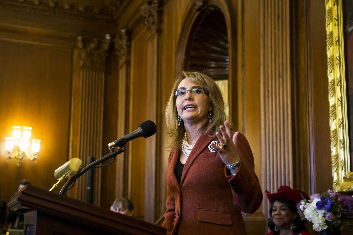 Former Rep. Gabrielle Giffords (D-Ariz.) speaks during a dedication ceremony of the House Democratic Cloakroom in her name, and the name of the late Rep. Leo Ryan (D-Calif.), at the U.S. Capitol in Washington, Nov. 15, 2017. (Al Drago/The New York Times)
