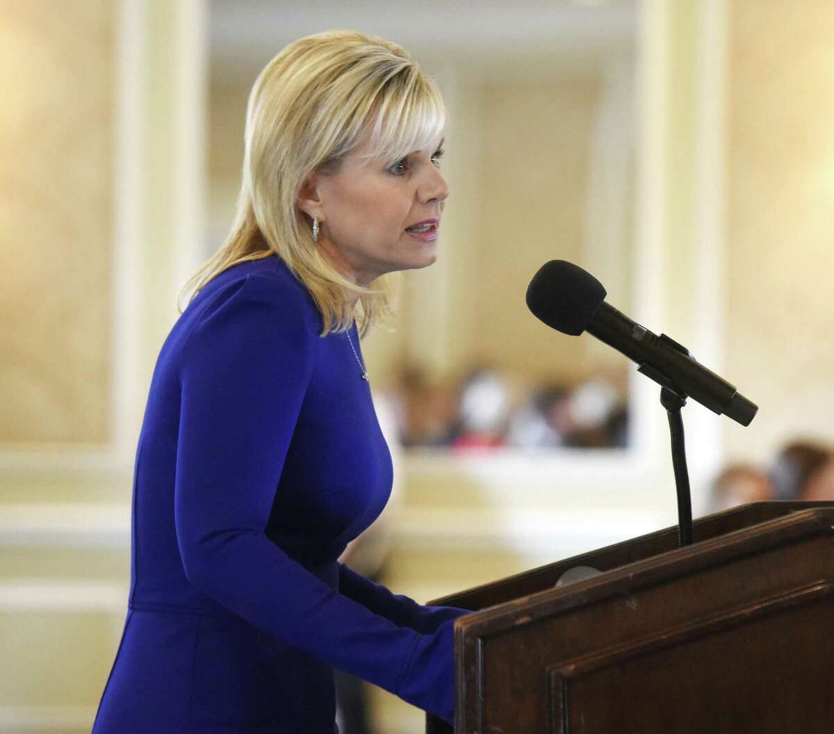 Author and former news anchor Gretchen Carlson speaks at the Greenwich Chamber of Commerce Women Who Matter Luncheon at Greenwich Country Club in Greenwich, Conn. Thursday, Nov. 16, 2017. Carlson spoke about her life and experiences with sexual harassment while promoting her new book "Be Fierce: Stop Harassment and Take Your Power Back."