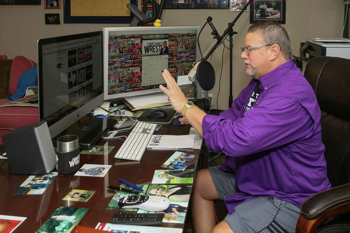 November 8, 2017: Wrestling personality Bruce Prichard hosts the podcast show "Something to Wrestle with Bruce Prichard" from his studio in Friendswood, Texas. (Leslie Plaza Johnson/Freelance