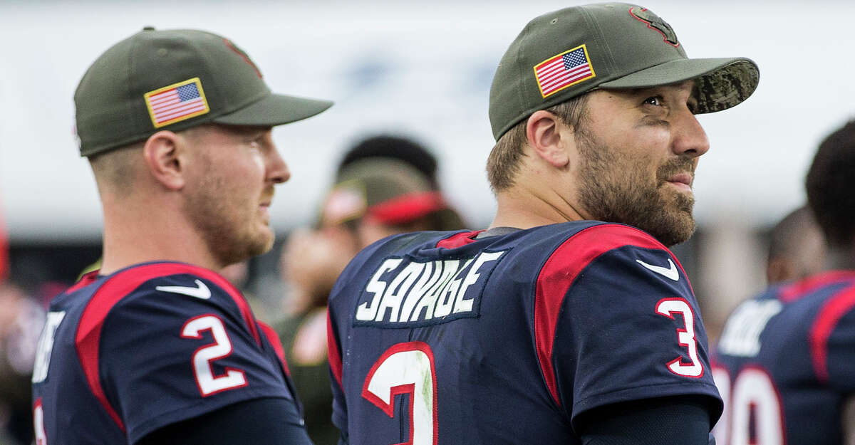 Houston Texans quarterback Tom Savage (3) looks up as he stands on the sidelines with T.J. Yates during the fourth quarter of an NFL football game against the Los Angeles Rams at the Los Angeles Memorial Coliseum on Sunday, Nov. 12, 2017, in Los Angeles. ( Brett Coomer / Houston Chronicle )