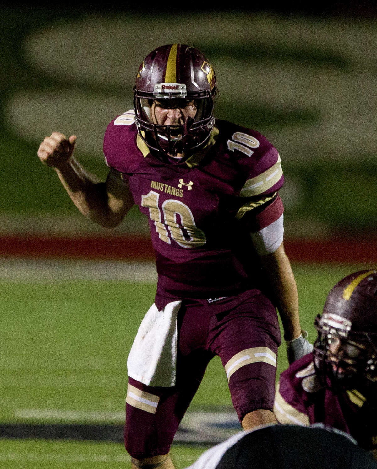 Magnolia West quarterback John Matocha (10) reacts after the team was called for a false start during the second quarter of a Region III-5A bi-district high school football game at Merrill Green Stadium, Friday, Nov. 17, 2017, in Bryan.