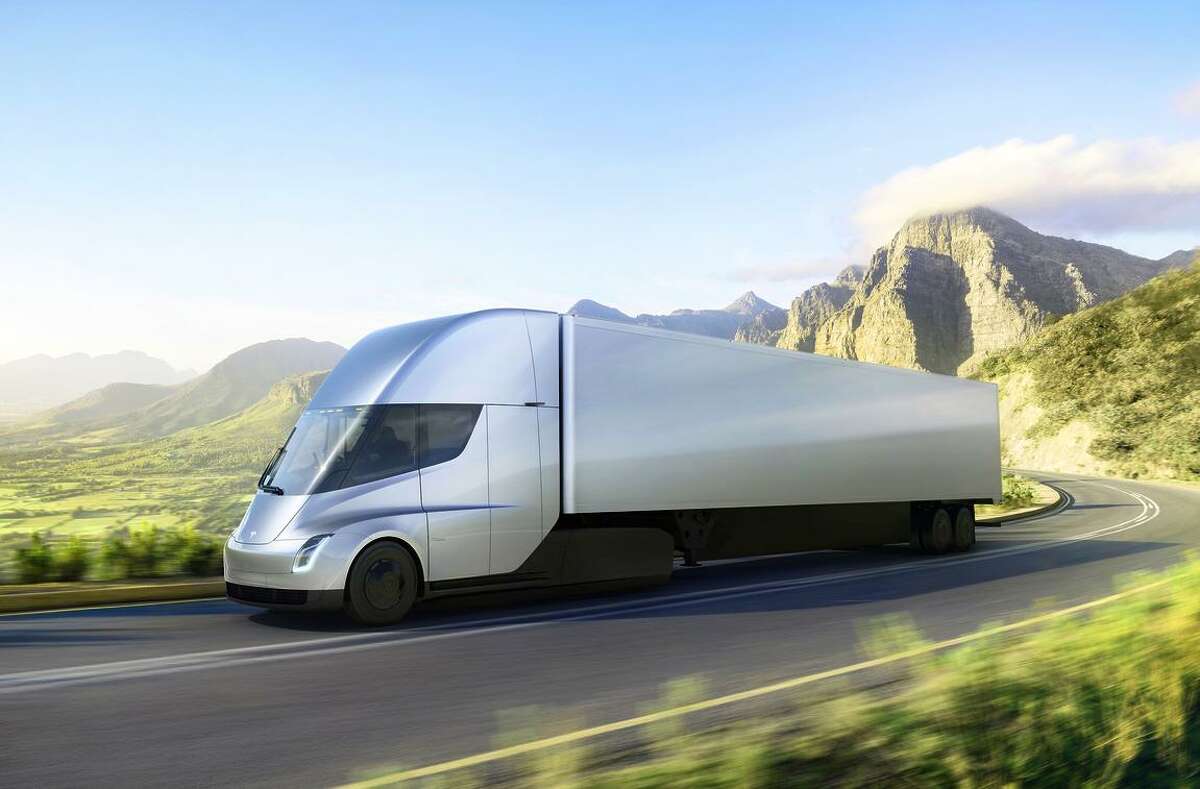 Tesla has introduced its first semitruck, shown in an illustration, near its design center in Hawthorne (Los Angeles County). It plans more large trucks.