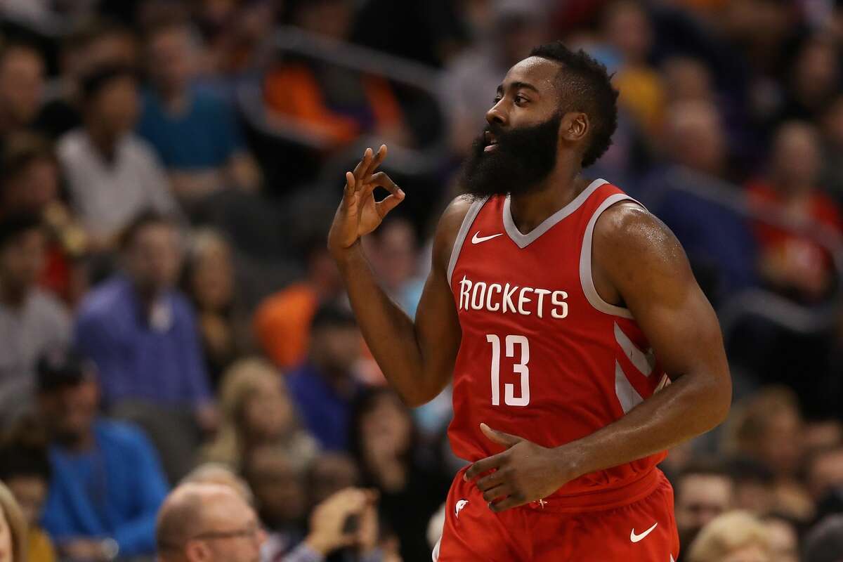PHOENIX, AZ - NOVEMBER 16: James Harden #13 of the Houston Rockets reacts to a three point shot against the Phoenix Suns during the second half of the NBA game at Talking Stick Resort Arena on November 16, 2017 in Phoenix, Arizona. NOTE TO USER: User expressly acknowledges and agrees that, by downloading and or using this photograph, User is consenting to the terms and conditions of the Getty Images License Agreement. (Photo by Christian Petersen/Getty Images)