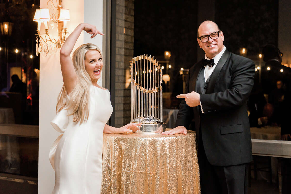 The World Series Trophy is on display during a ceremony in the