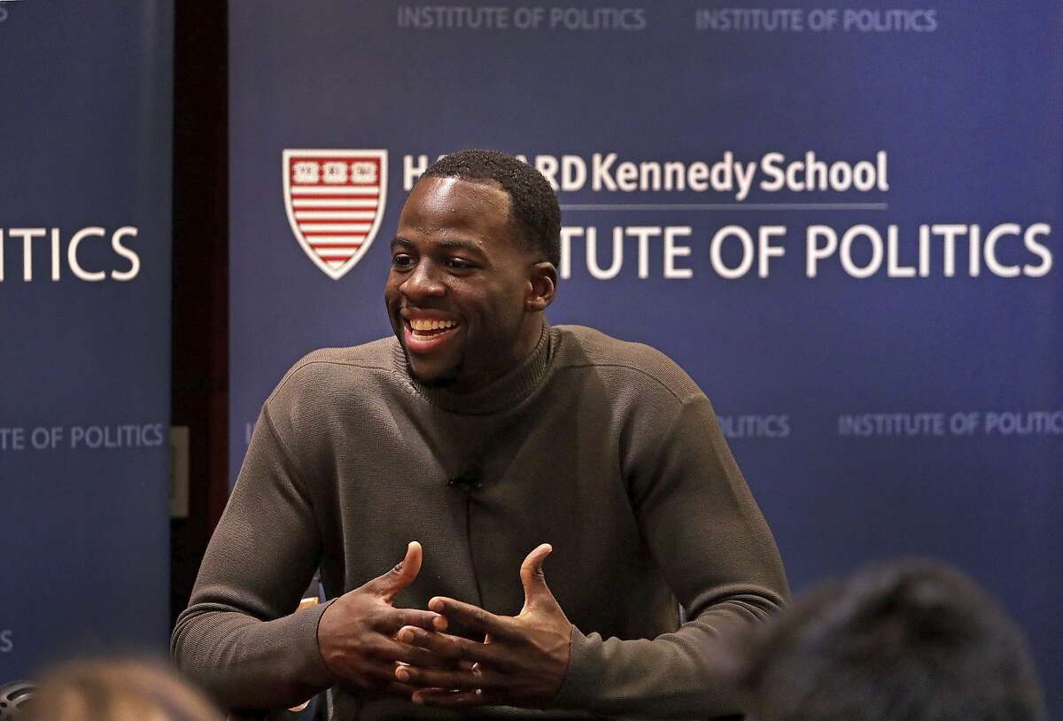 Draymond Green, of the NBA champion Golden State Warriors, speaks during a discussion about athletes as leaders at The Institute of Politics (IOP), Harvard Kennedy School, Thursday, Nov. 16, 2017, in Cambridge, Mass. (Barry Chin/The Boston Globe via AP)