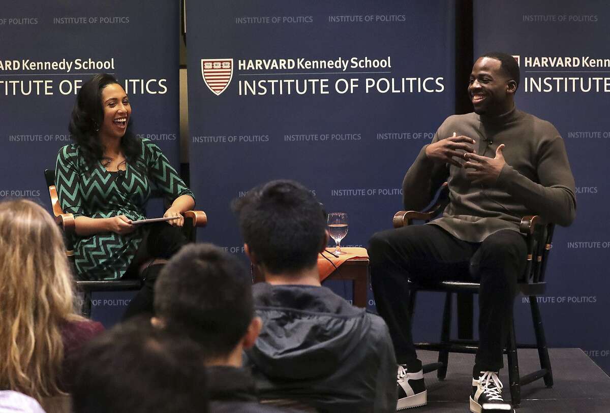 Draymond Green, of the NBA champion Golden State Warriors, speaks during a discussion with Leah Wright Rigueur, Harvard assistant professor of Public Policy at Harvard Kennedy School, about athletes as leaders at The Institute of Politics (IOP), Harvard Kennedy School, Thursday, Nov. 16, 2017, in Cambridge, Mass. (Barry Chin/The Boston Globe via AP)