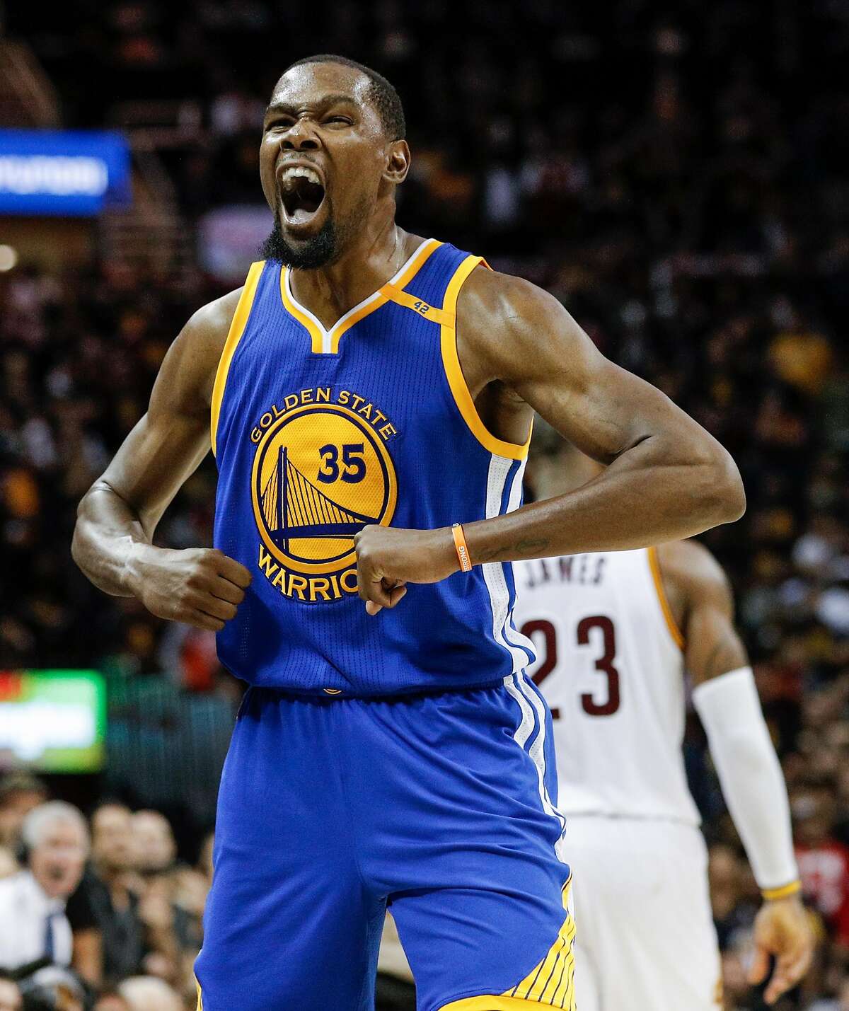 Kevin Durant reacts in the fourth quarter during Game 3 of the 2017 NBA Finals at Quicken Loans Arena in Cleveland on Wednesday, June 7, 2017.