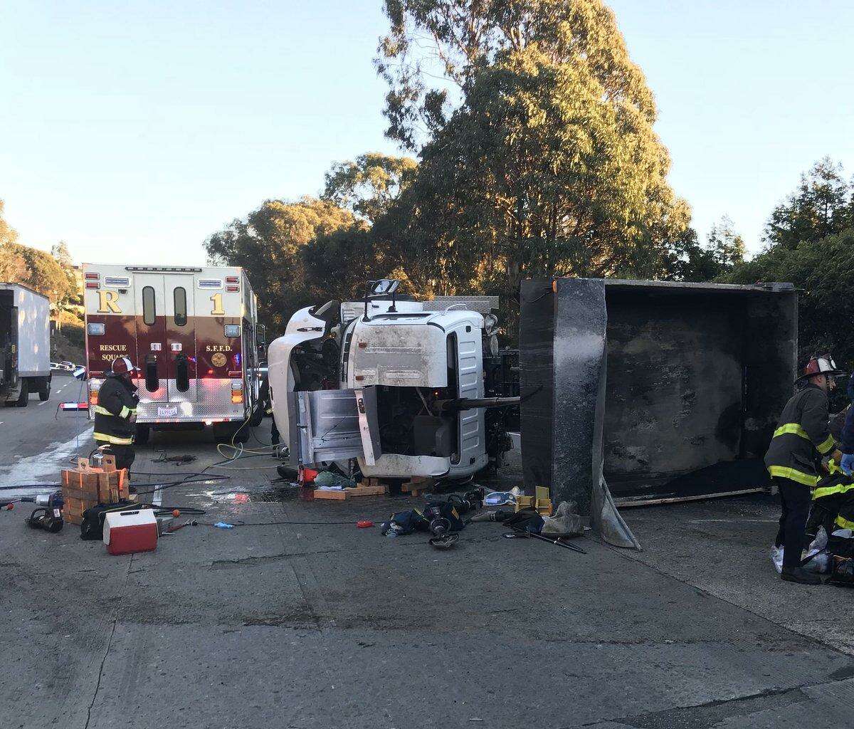 A person was killed in a collision with a dump truck and a Muni bus on Friday afternoon in San Francisco, authorities said.