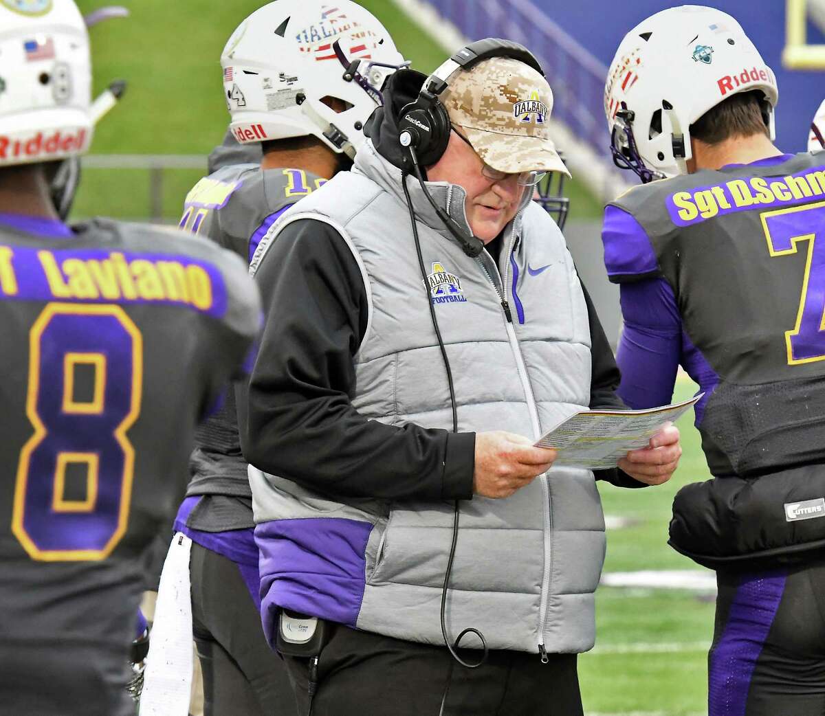 UAlbany head coach Greg Gattuso, center, on the sidelines during their Colonial Athletic Association game against New Hampshire Saturday Nov. 18, 2017 in Albany, NY. (John Carl D'Annibale / Times Union)