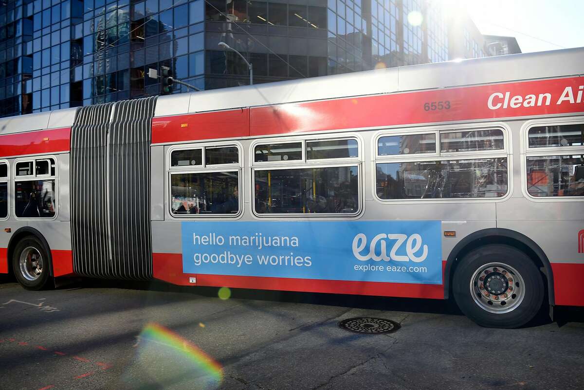 An advertisement for marijuana delivery service Eaze is seen on the side of a MUNI bus in downtown San Francisco, CA, on Friday November 17, 2017.