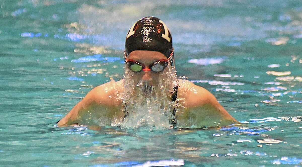 Norwalk-McMahon’s Caroline Petropoulos competes in the breaststroke of the 200 medley relay at Saturday’s State Open championship meet at Yale.