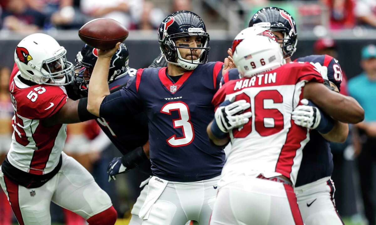 Houston Texans quarterback Tom Savage (3) throws a pass as he is pressured by Arizona Cardinals outside linebacker Chandler Jones (55) during the first quarter of an NFL football game at NRG Stadium on Sunday, Nov. 19, 2017, in Houston.