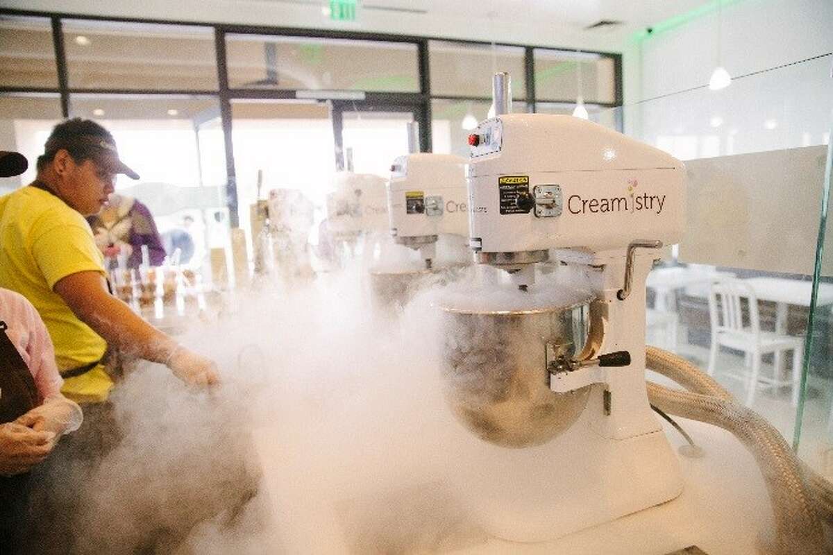 Ice cream at Creamistry is flash frozen using liquid nitrogen after customers select a base flavor and topping and mix-ins. The franchise, founded in 2013 in Irvine, Calif., is expanding in Houston.