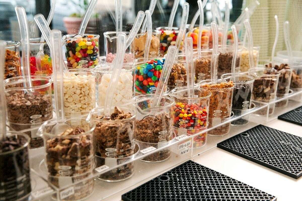 Customers at Creamistry choose choose from more than 35 toppings to be mixed in to their ice cream, which is frozen on the spot using liquid nitrogen.