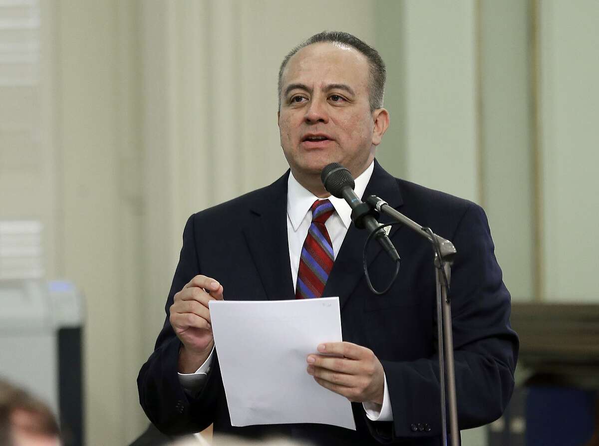 FILE -- In this May 4, 2017 file photo, Assemblyman Raul Bocanegra, D-Los Angeles, speaks at the Capitol in Sacramento, Calif. Bocanegra is apologizing for sexually harassing a woman in 2009 when he was a legislative staff member. He is the first sitting California lawmaker to be publicly identified for facing discipline over sexual harassment allegations since a letter was circulated last week saying there is a "pervasive" culture of sexual harassment at the Capitol. Bocanegra was quoted in the Los Angeles Times Friday, Oct. 27, 2017 that he is "deeply regretful." (AP Photo/Rich Pedroncelli, File)