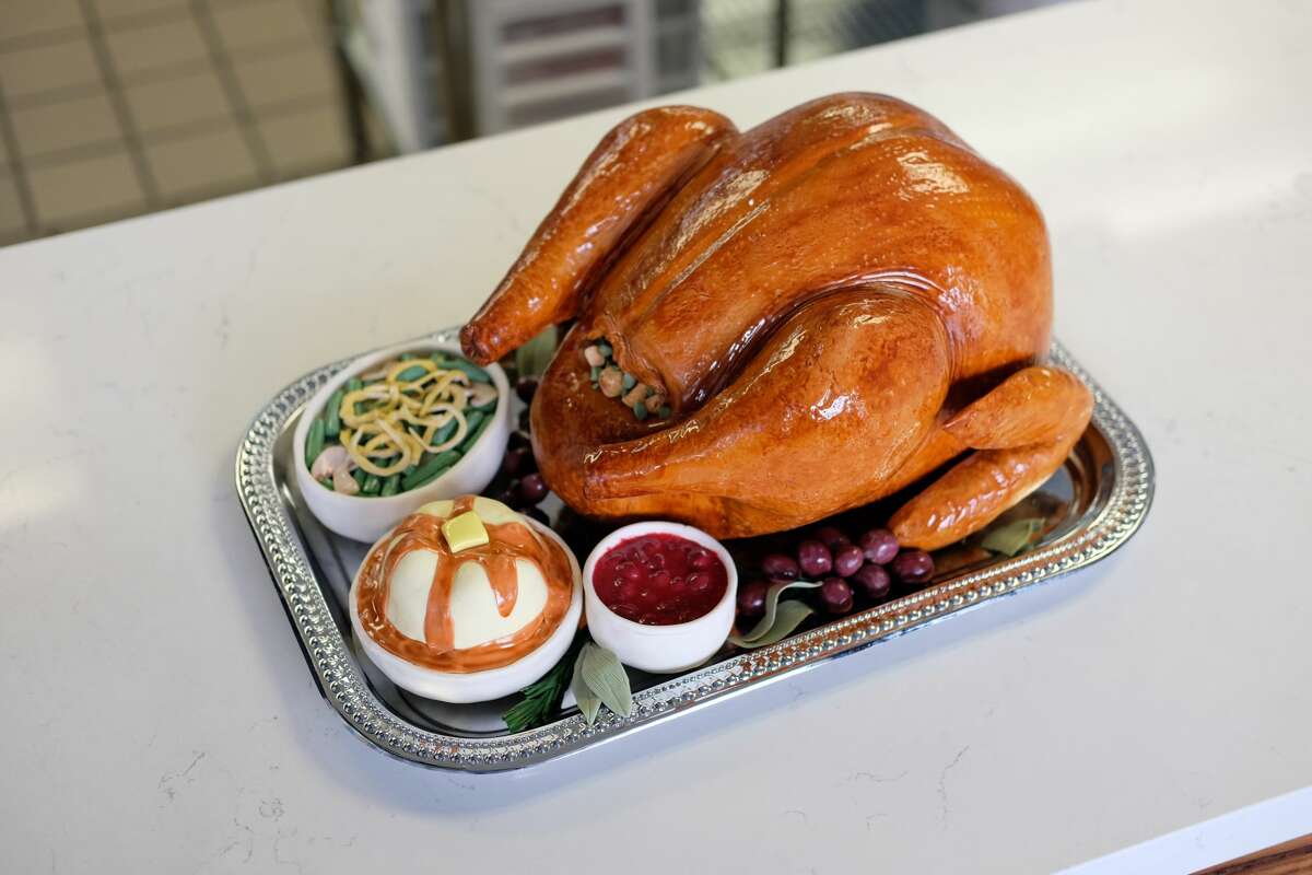 Whisk Cake Creations designer Paula Nieto made a cake that looks just like a Thanksgiving turkey along with all the fixings. The Bakery is located in Alameda.