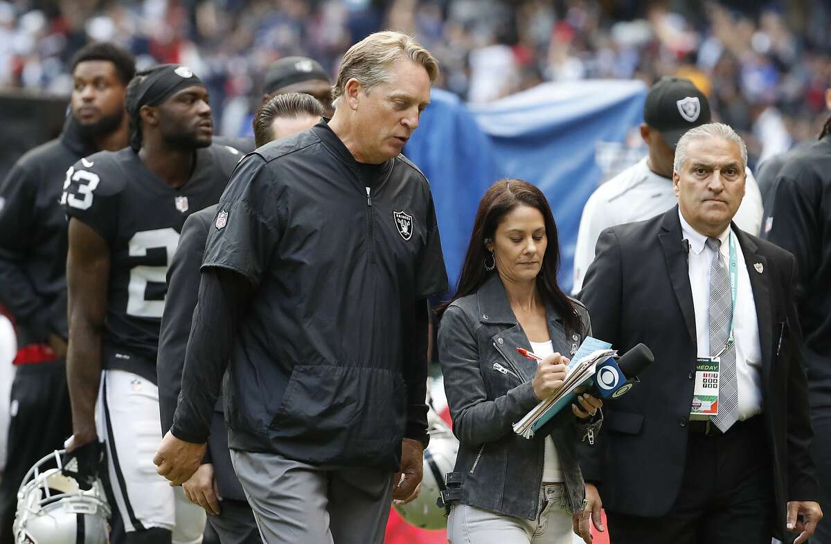 Oakland Raiders head coach Jack Del Rio walks off the field at halftime of an NFL football game against the New England Patriots, Sunday, Nov. 19, 2017, in Mexico City.