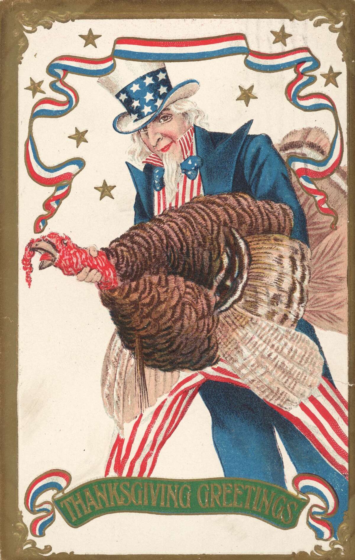 Uncle Sam holds a large live turkey in a postcard, circa 1850.