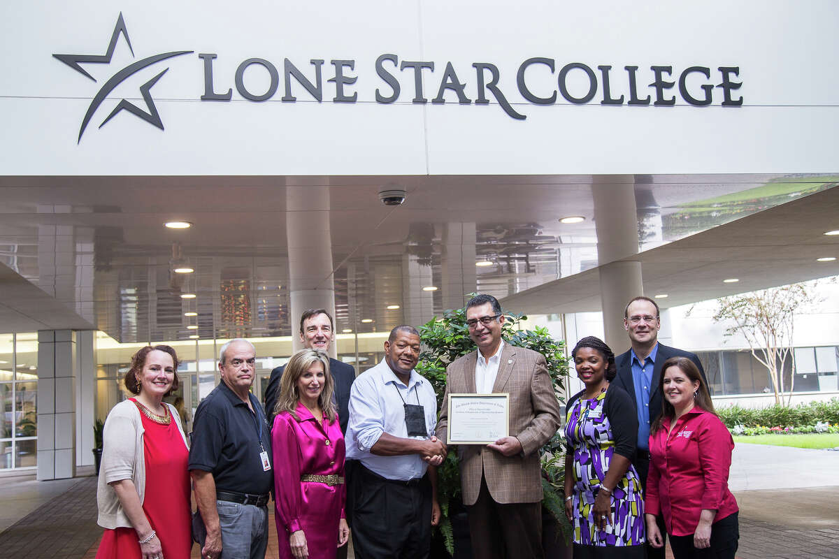 Lone Star College is working with the U.S. Department of Labor as the first in Texas to develop registered apprenticeship programs. Pictured (left to right) are Caroline Williamson, executive director, LSC Workforce Project Development; Hubert Hillman, faculty member, LSC-Corporate College; Ken Kral, executive director, LSC Corporate Sales and Employer Services; Linda Leto Head, associate vice chancellor, LSC Workforce Education and Corporate Partnerships; James Carnes, Apprenticeship and Training representative, Department of Labor Office of Apprenticeship; Shah Ardalan, president, LSC-University Park; Christina Boutte, director, LSC-University Park Career and Technical Education; Steve Kahla, dean of instruction, LSC-University Park; and Katherine Cecil Sanchez, vice president of instruction, LSC-University Park.