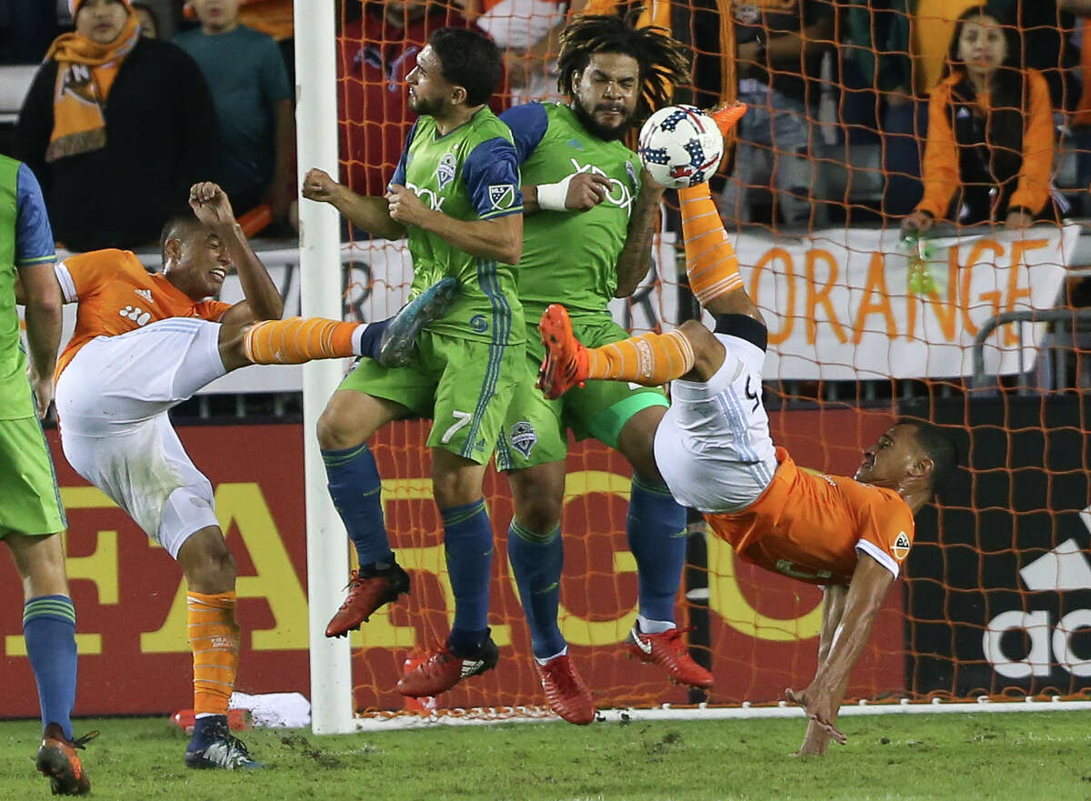 Houston Dynamo midfielder Juan Cabezas (5) attempted a bicycle kick but did not go into the back of the net during the second half of the first leg of the Western Conference Championship game against the Seattle Sounders at BBVA Compass Stadium on Tuesday, Nov. 21, 2017, in Houston. The Houston Dynamo lost to the Seattle Sounders 2-0.