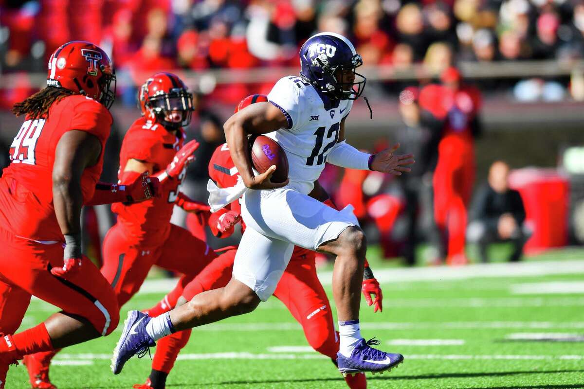 Shawn Robinson runs past the Texas Tech Red Raiders defense during the game against the Texas Tech Red Raiders on November 18, 2017 at Jones AT&T Stadium in Lubbock, Texas. TCU defeated Texas Tech 27-3. (Photo by John Weast/Getty Images)