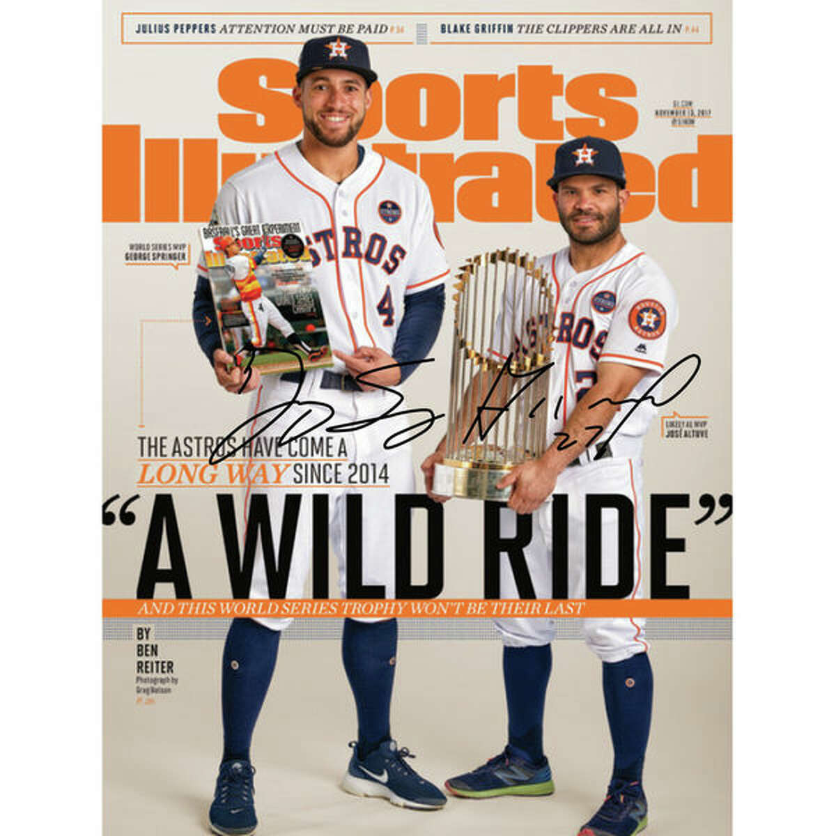 George Springer and Jose Altuve autographed 16"x 20" Wild Ride Sports Illustrated Cover Photograph: This collector's item is signed by both AL MVP Jose Altuve and World Series MVP George Springer, making it the ultimate double-play of signed Astros collectibles. (See price & more details)