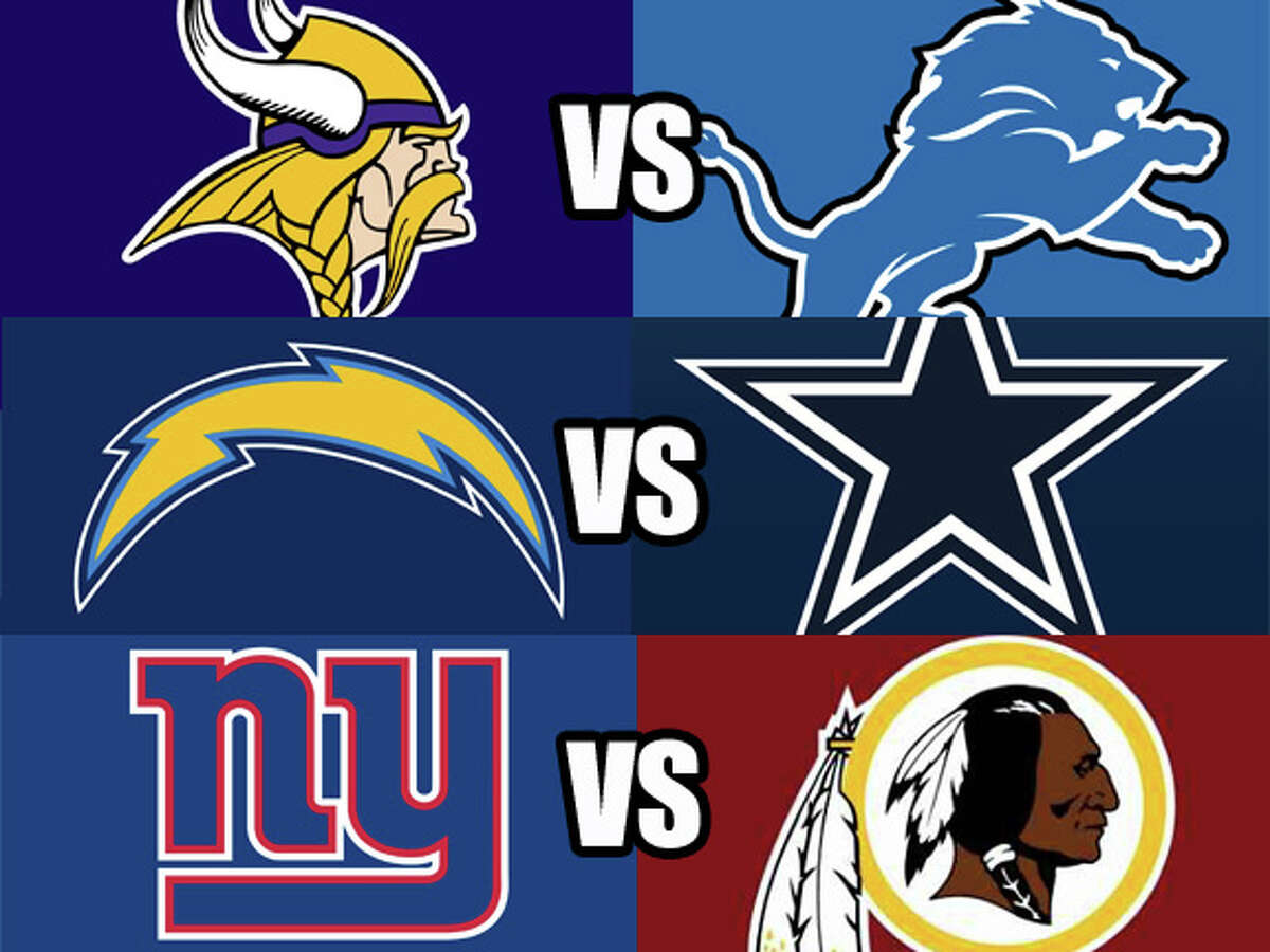 Alright so these are the teams playing Thanksgiving games this year. (Top) The Minnesota Vikings will be playing at the Detroit Lions in the early game. (Middle) The Los Angeles Chargers will be at the Dallas Cowboys in the afternoon game. (Bottom) The New York Giants will be at the Washington R-Words in the night game.