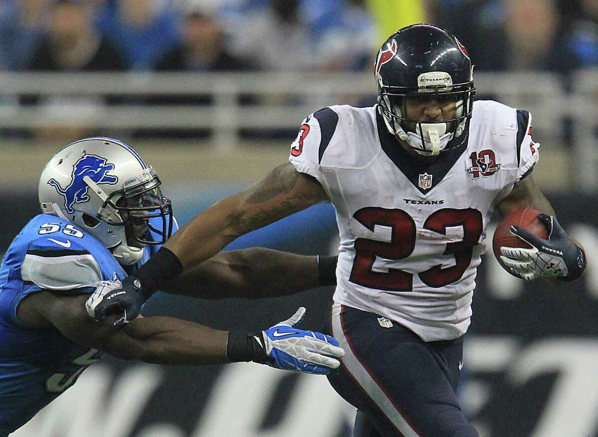 Texans running back Arian Foster (23) rushed for 102 yards and two touchdowns in an overtime victory against the Lions on Nov. 22, 2012. It was the Texans' second straight OT win.