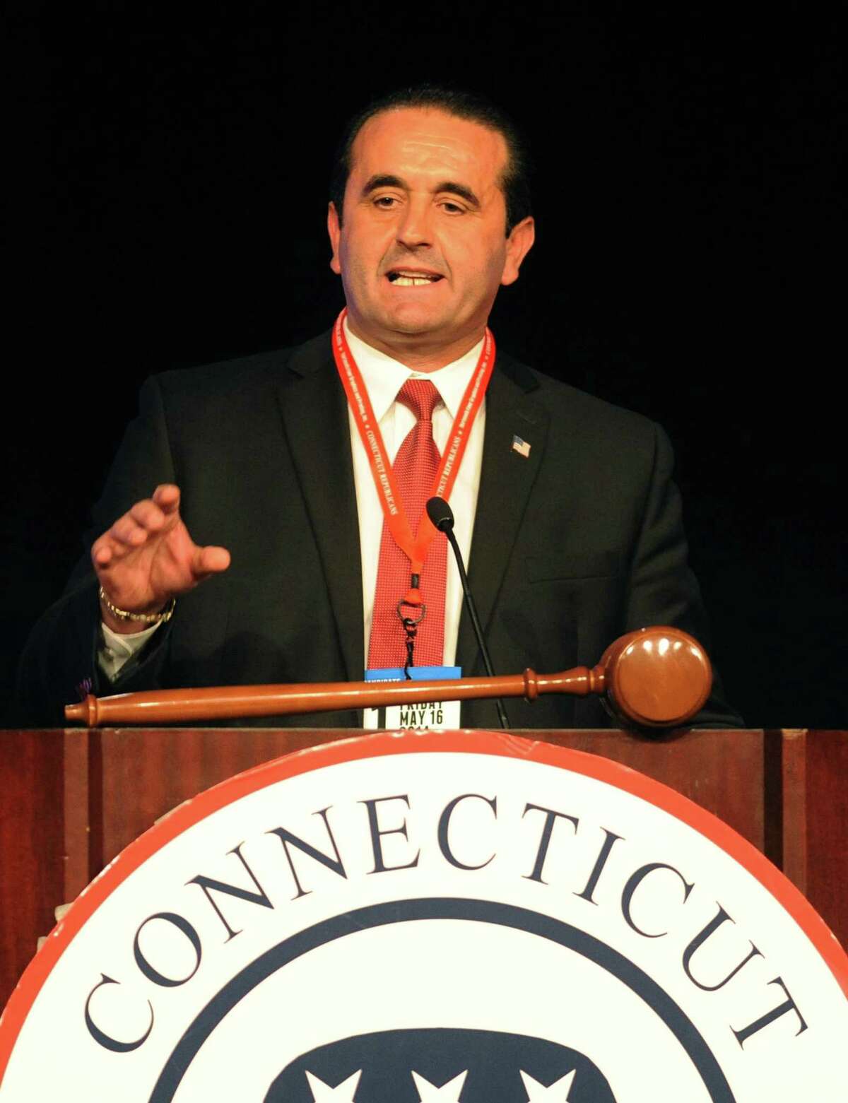 Peter Lumaj gives a speech after being selected as the Republican candidate for Secretary of the State at the Connecticut Republican Convention at the Mohegan Sun Uncas Ballroom in Uncasville, Conn. Friday, May 16, 2014.