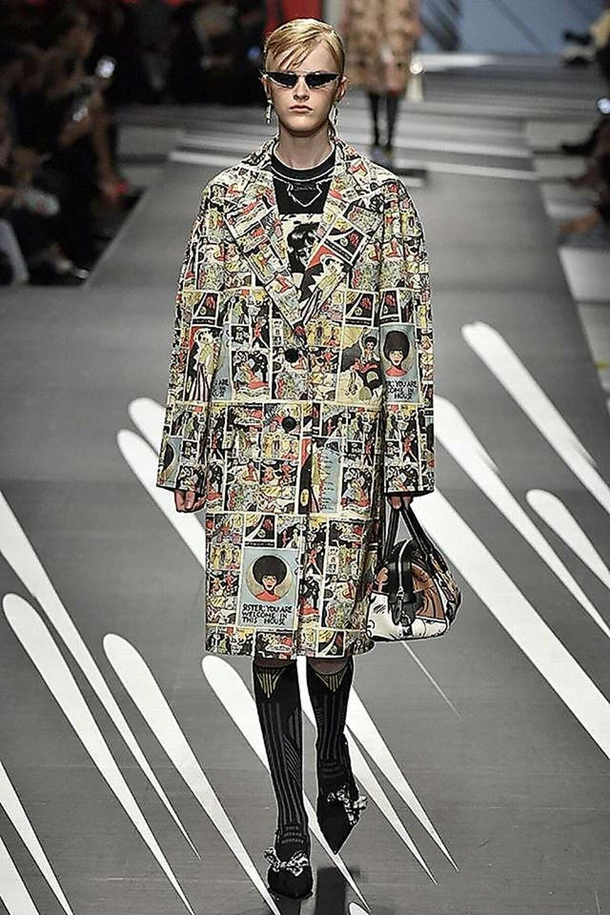 Prada coat with print derived from Trina Robbins' drawings