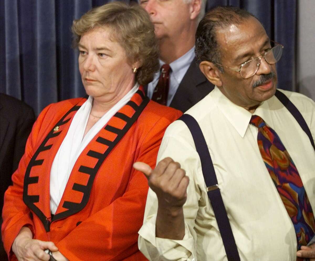 Judiciary Committee member Rep. Zoe Lofgren, D-Ca., left, and Rep. John Conyers, D-Mich., the ranking Democrat on the House Judiciary Committee, meet the reporters at a press conference on the Capitol Hill Thursday, October 8, 1998 shortly after the House approved impeachment inquiry of President Clinton. (AP Photo/ Joe Marquette) ELECTRONIC IMAGE ALSO RAN: 12/11/98