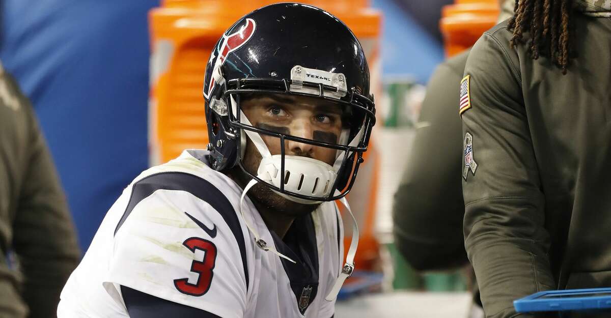 Houston Texans quarterback Tom Savage (3) reacts on the bench during the fourth quarter of an NFL football game at M & T Bank Stadium on Monday, Nov. 27, 2017, in Baltimore. ( Brett Coomer / Houston Chronicle )